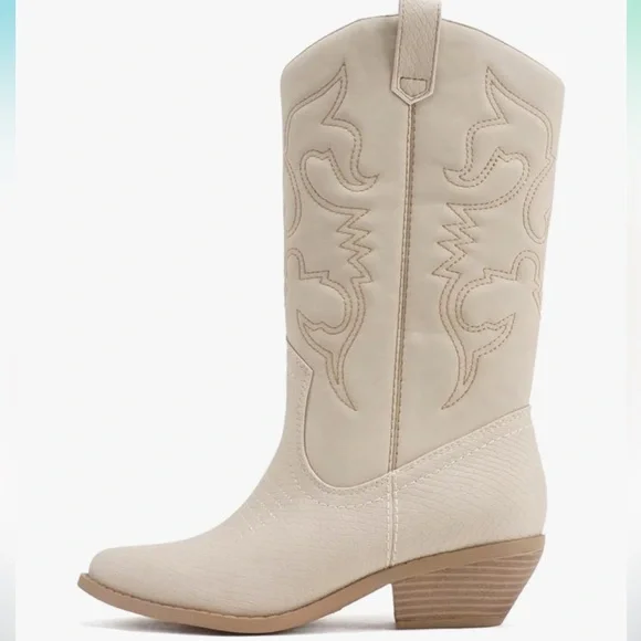 Soda Cream and Brown Heeled Boots with Western Flair - Picture 4 of 5